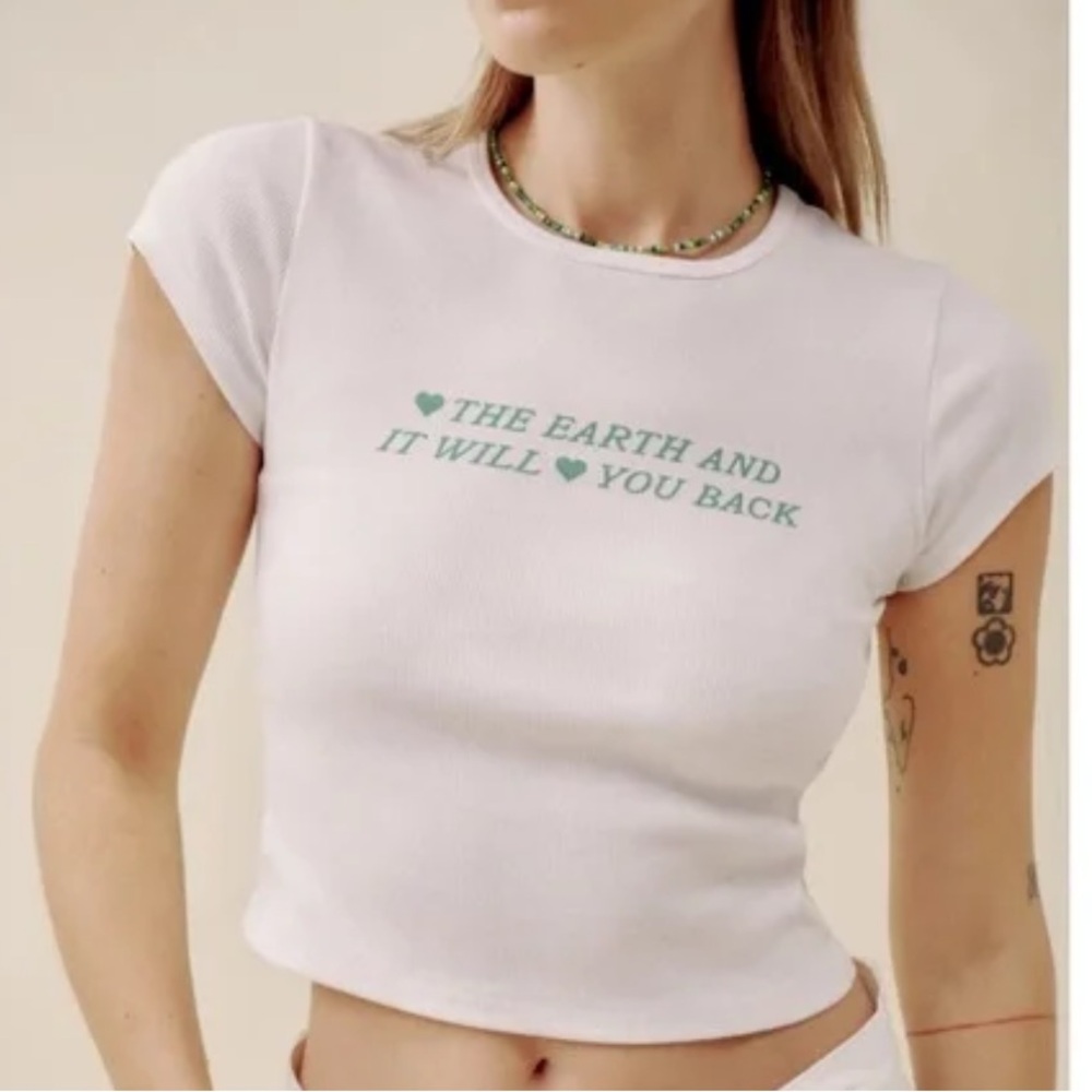 Reformation White Ribbed Crop Tee with Green Script